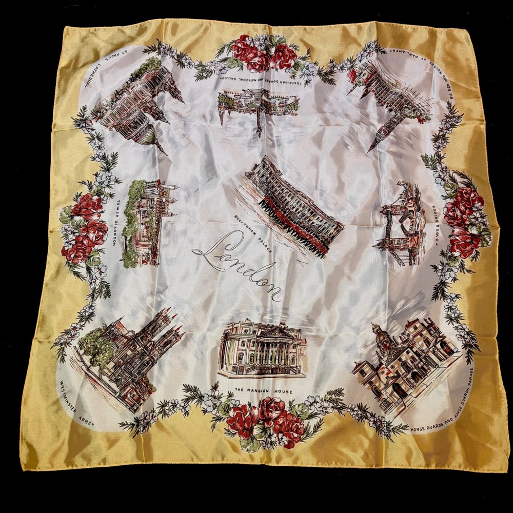 Vintage London Souvenir Scarf Landmark Print Floral Yellow Vtg headscarf